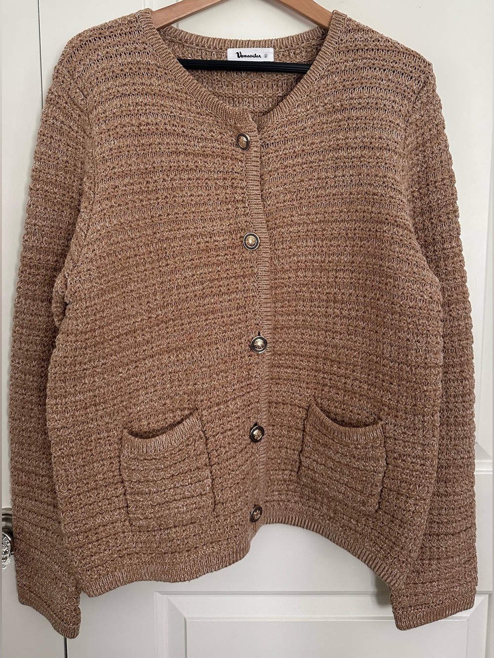 Vernacular Cotton Chunky Knit Cardigan Women’s L Tan Button Front Pockets